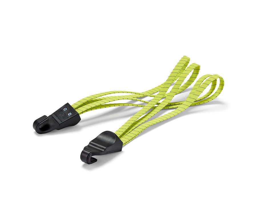 Dva upínací popruhy na jízdní kolo žluté barvy s černými háčky na koncích.