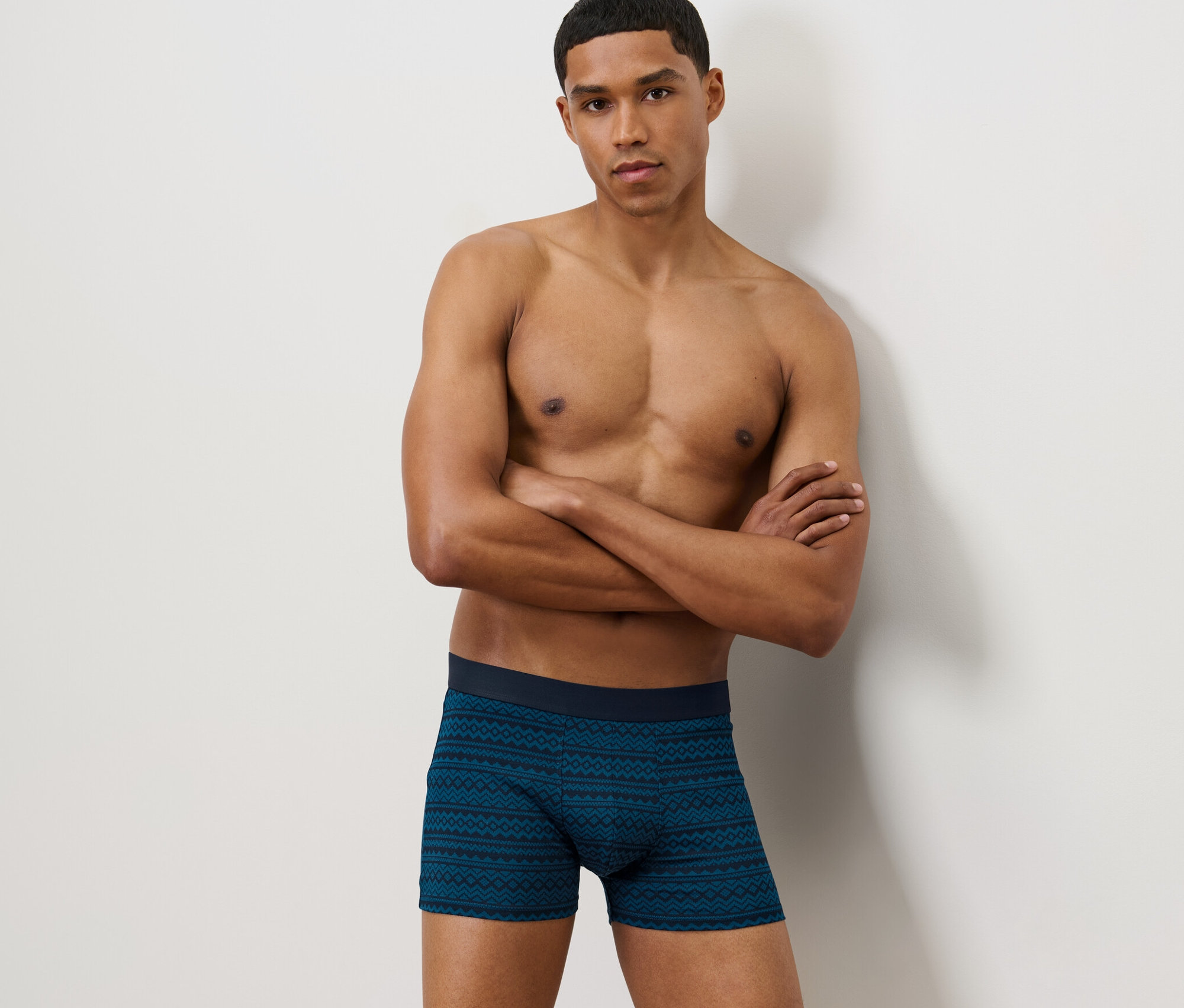 Muž pózuje s rukama zkříženýma na hrudi a má na sobě boxerky, 2 ks, norský vzor.
