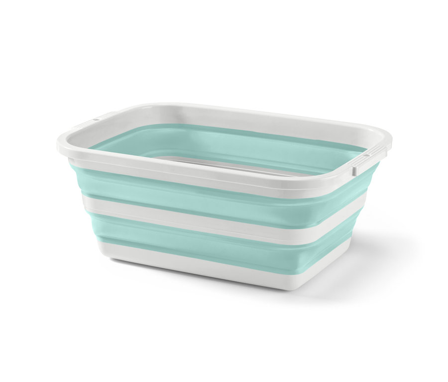 Skládací koš na prádlo v barvě tyrkysové a bílé.