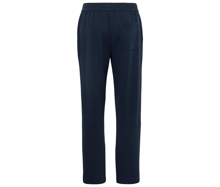 Tmavě modré tepláky s elastickým pasem a zadní kapsou.