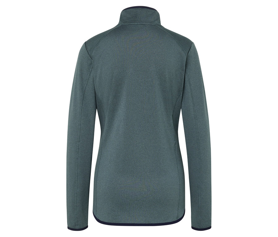 Zadní pohled na zelenou fleecovou bundu se zipem po celé délce.