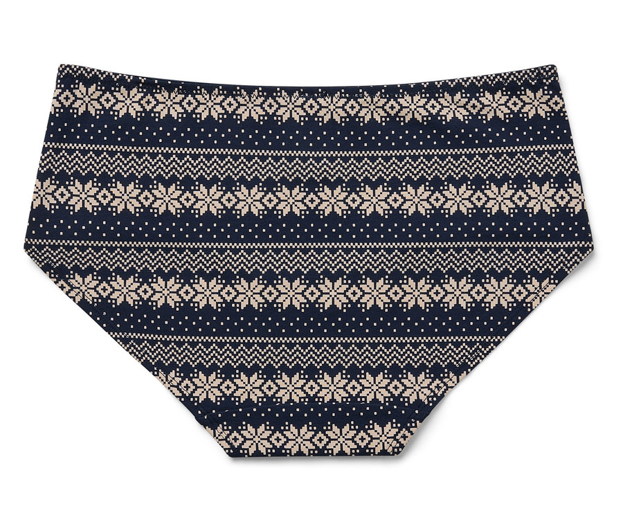 Dámské kalhotky s vánočním vzorem na tmavě modrém pozadí.