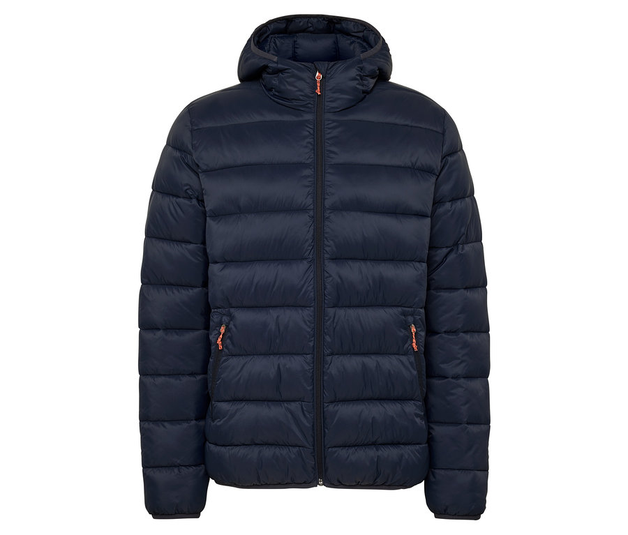 Tmavě modrá prošívaná bunda s kapucí a oranžovými detaily na zipu.