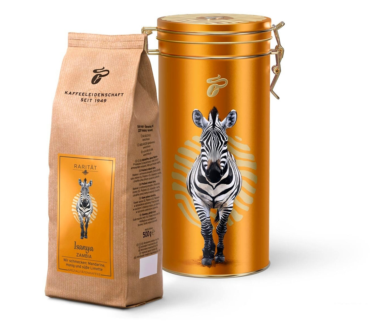 Balíček a dóza zrnkové kávy Isanya Zambia 500 g.