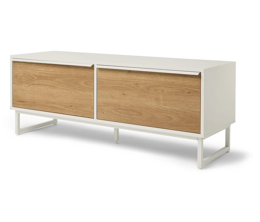 Bílý televizní stolek se dvěma dřevěnými zásuvkami.