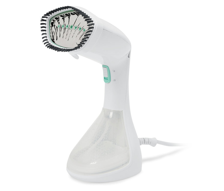 Bílý ruční napařovač oděvů s průhlednou nádržkou na vodu.