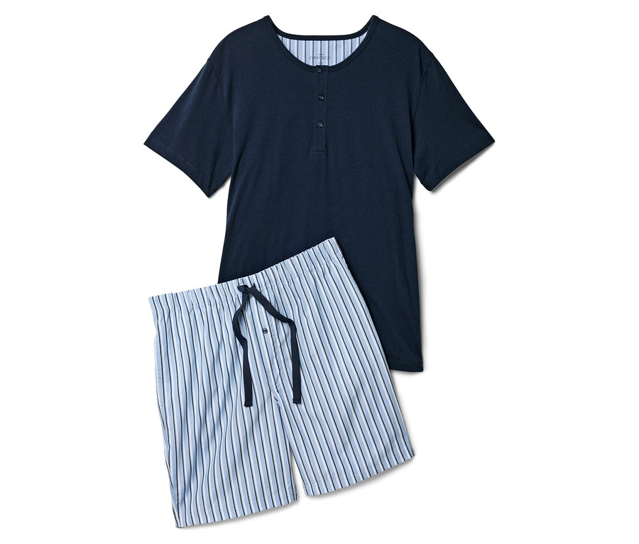 Tmavě modrý top pyžama s knoflíkovou légou a krátké proužkované pyžamové šortky se stahovací šňůrkou.