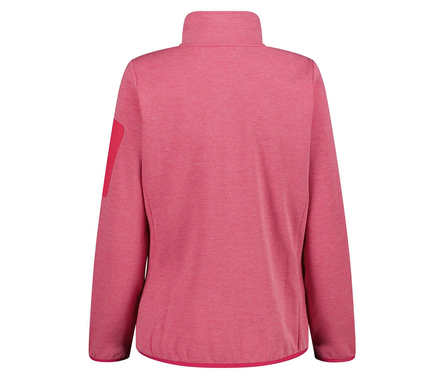 Pohled zezadu na růžovou fleecovou bundu s vysokým límcem a zipem.