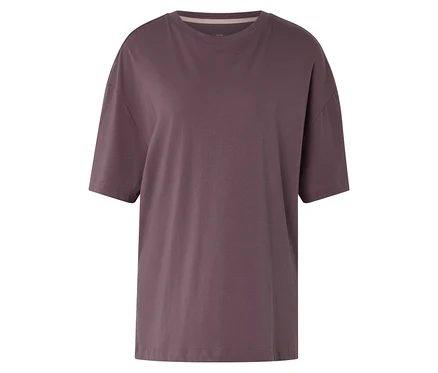 Mauve sportovní tričko s krátkými rukávy, kulatým výstřihem a volným střihem.