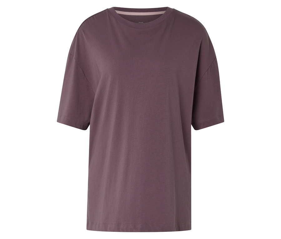 Mauve sportovní tričko s krátkými rukávy, kulatým výstřihem a volným střihem.