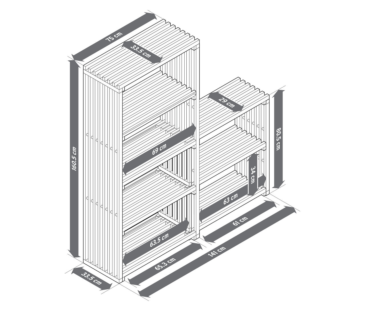 Pohled shora na výsuvný regál "FLEKSIBEL" s rozměry.