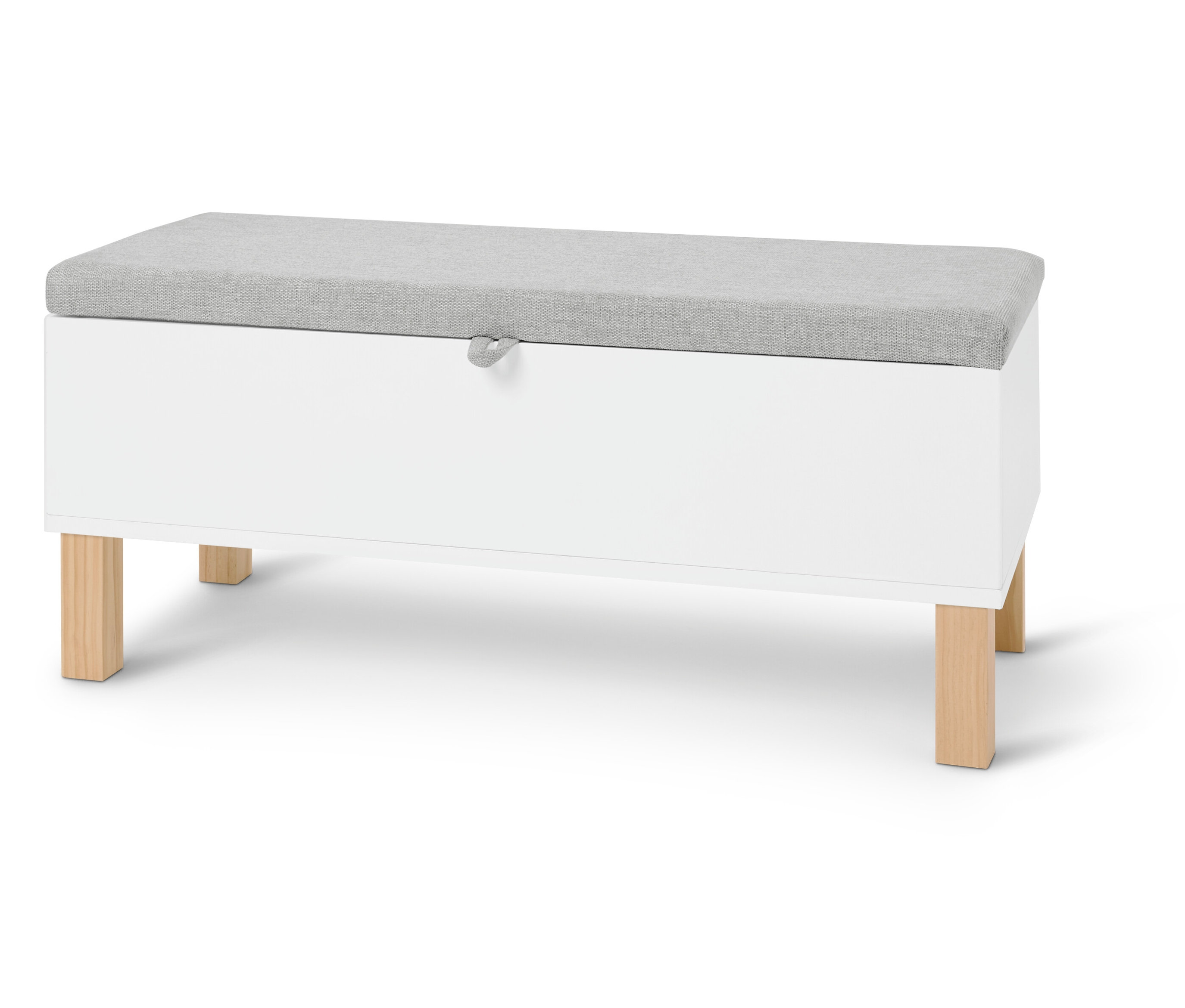 Bílá truhlicová lavice se světle šedým polštářem na světlém pozadí.