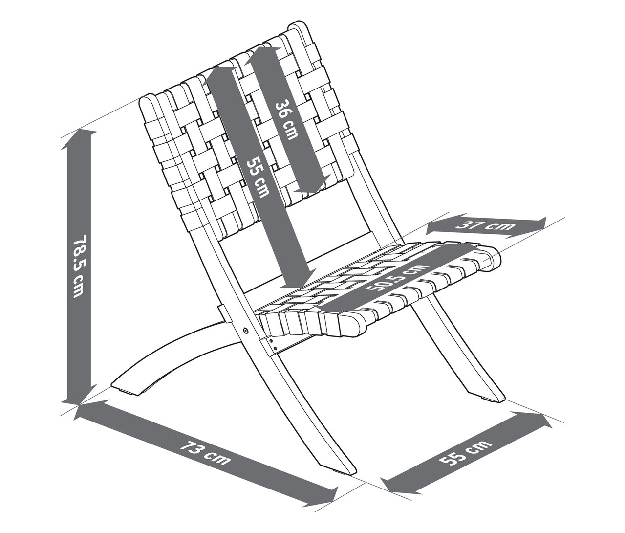Pohled shora na náčrt židle s rozměry šířky a výšky.