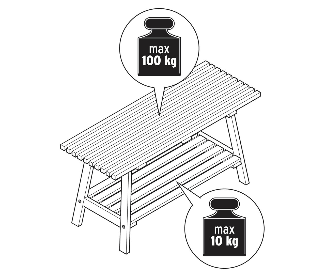 Ilustrace bambusové lavice »HOLT« s lamelovými prvky, maximální zatížení nahoře 100 kg, dole 10 kg.