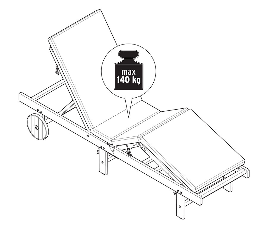 Klasické zahradní lehátko s upozorněním na maximální hmotnost 140 kg.