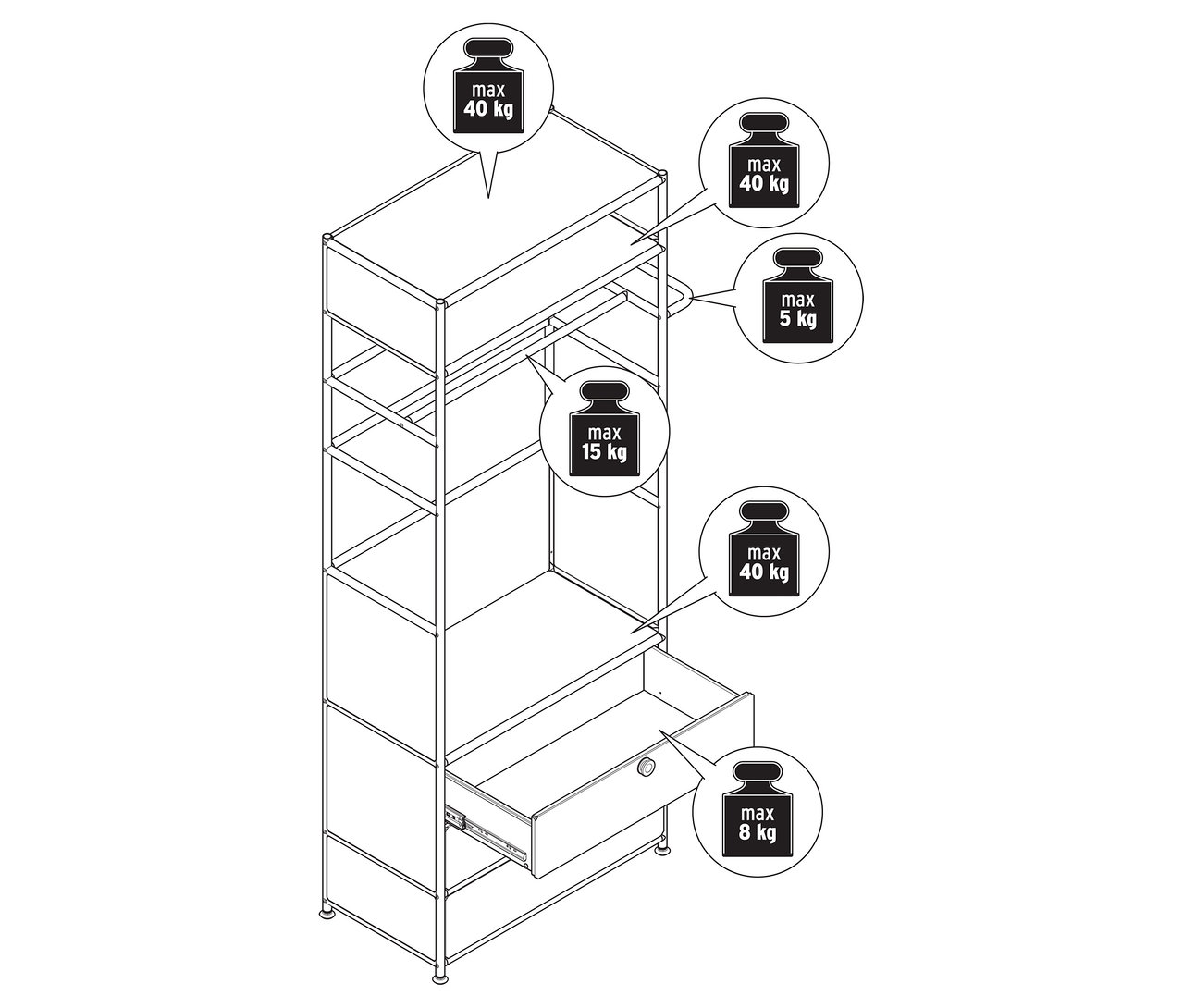 Ilustrace kovové šatní skříně »CN3« s šatní tyčí a 3 zásuvkami.