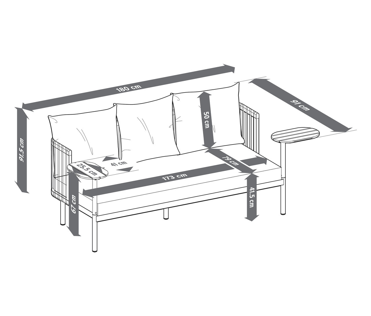Rozměry zahradní pohovky se 2 otočnými stolky.