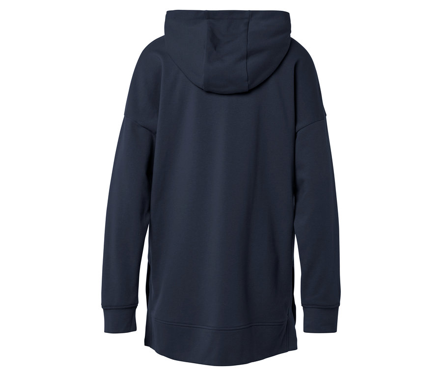 Pohled zezadu na tmavě modrou mikinu s kapucí, dlouhými rukávy a rovným spodním lemem.