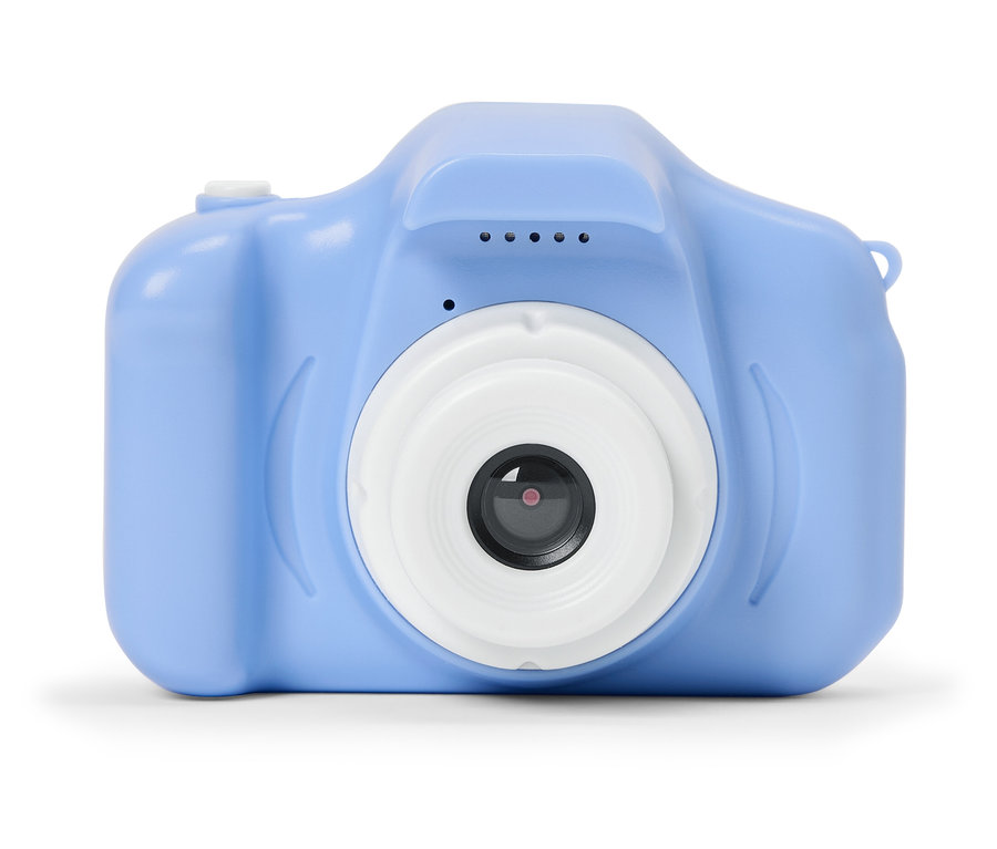 Modrý digitální fotoaparát s bílým objektivem