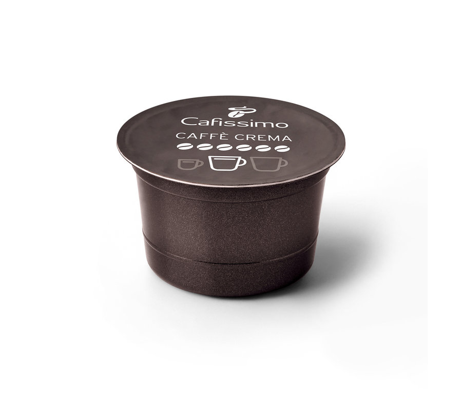 Tmavě hnědá kapsle Cafissimo Caffè Crema silná s bílým nápisem a indikátorem intenzity na víčku.