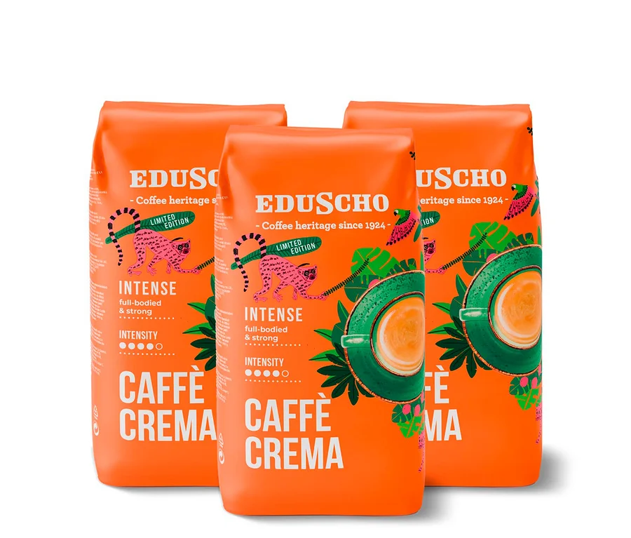 Tři balení zrnkové kávy Eduscho Caffè Crema Intense po 1 kg.