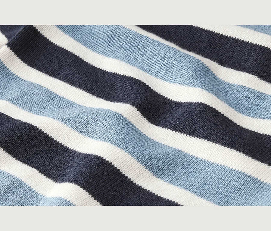 Detail pletené látky s diagonálními pruhy v tmavě modré, světle modré a bílé barvě.