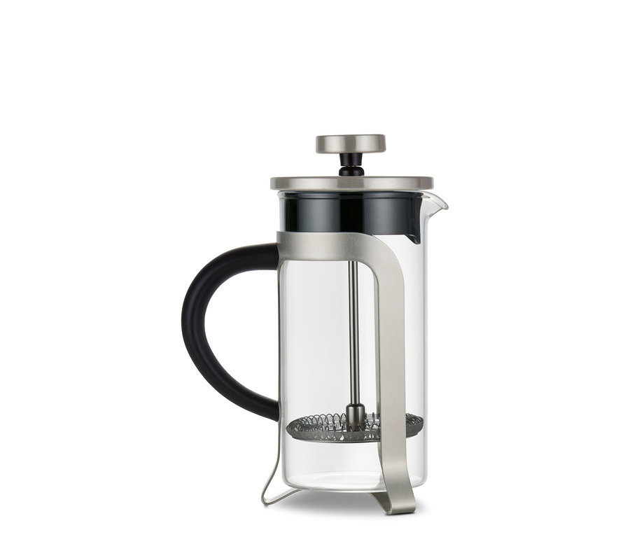 Stříbrná konvička french press o objemu 300 ml se 2 šálky.