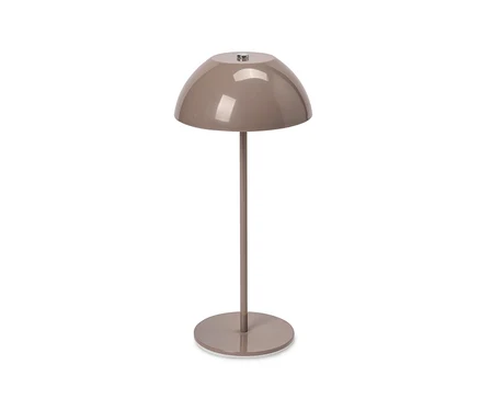 Béžová LED dobíjecí stolní lampa s kopulovitým stínítkem, štíhlou nohou a kulatou základnou.