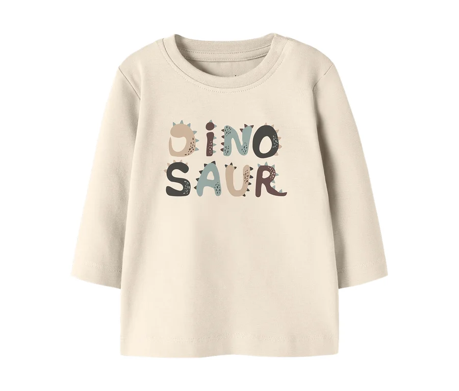 Krémové dětské tričko s dlouhým rukávem s vícebarevným nápisem „DINOSAUR“.