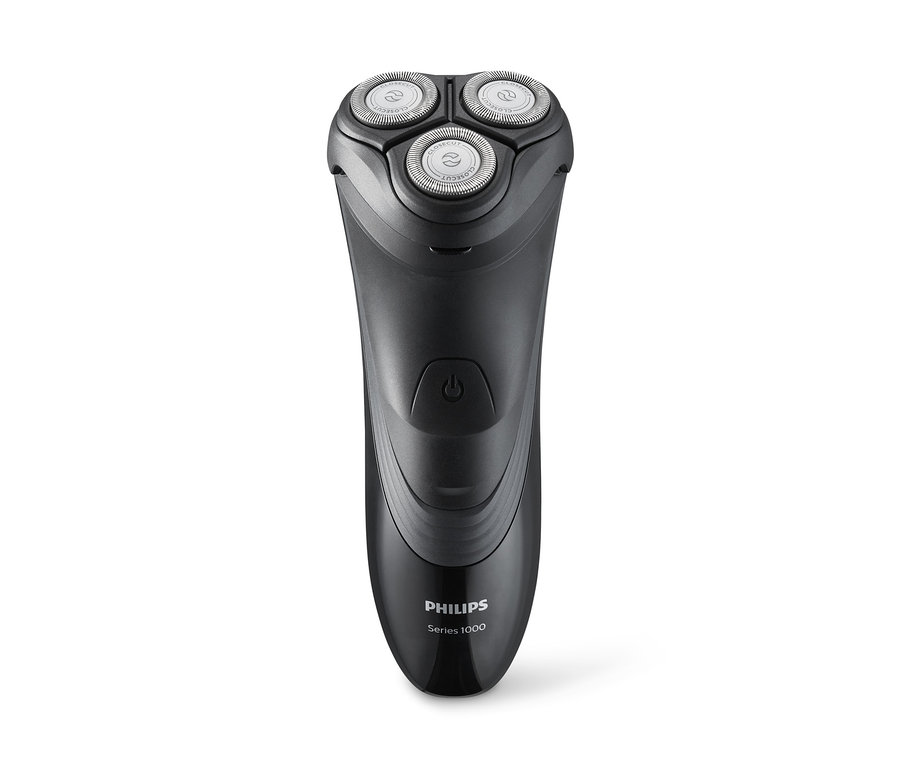 Černý holicí strojek Philips S1520/04 s třemi kruhovými břity.