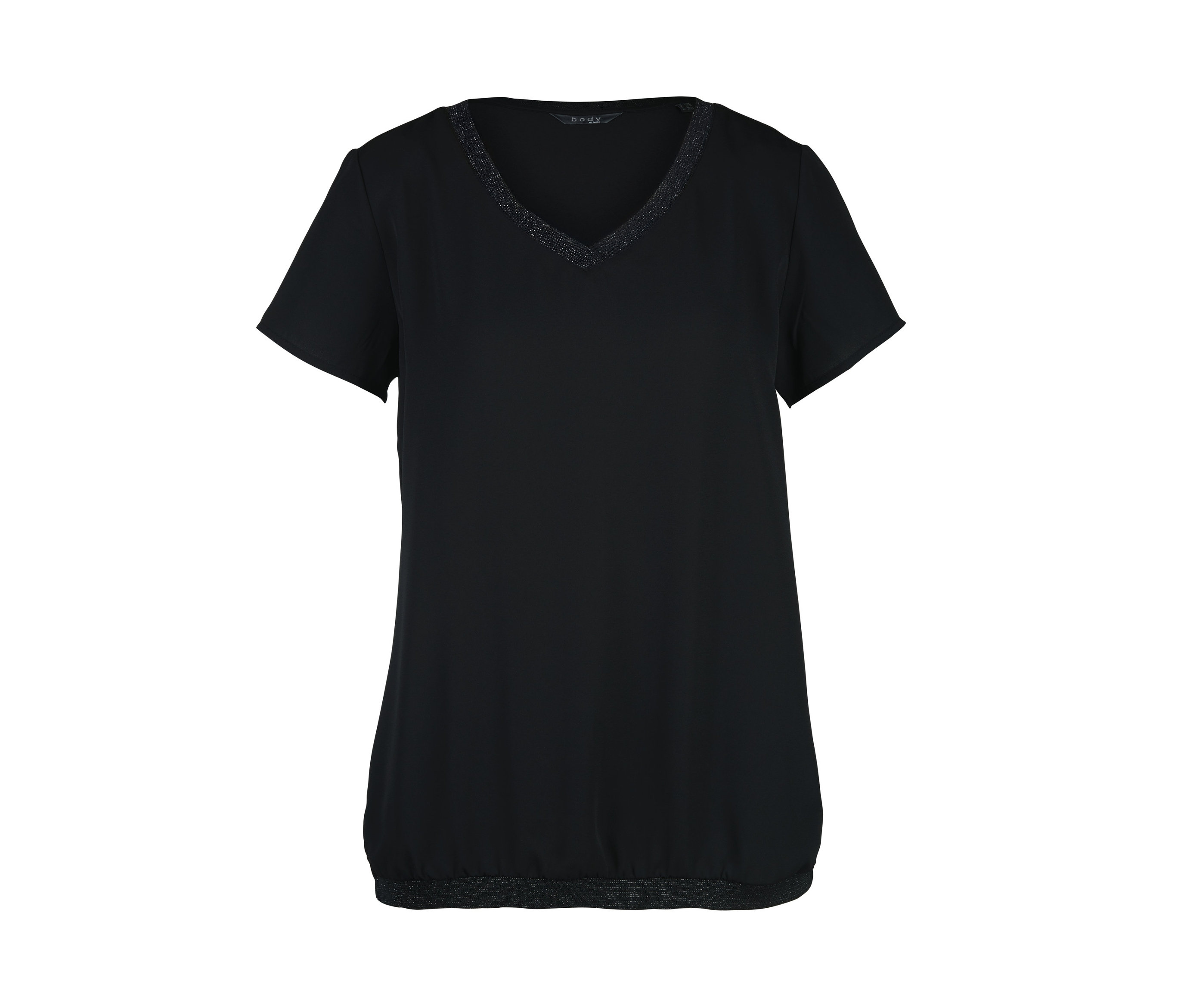 Černé halenkové triko z kombinace materiálů s krátkými rukávy a výstřihem do V.