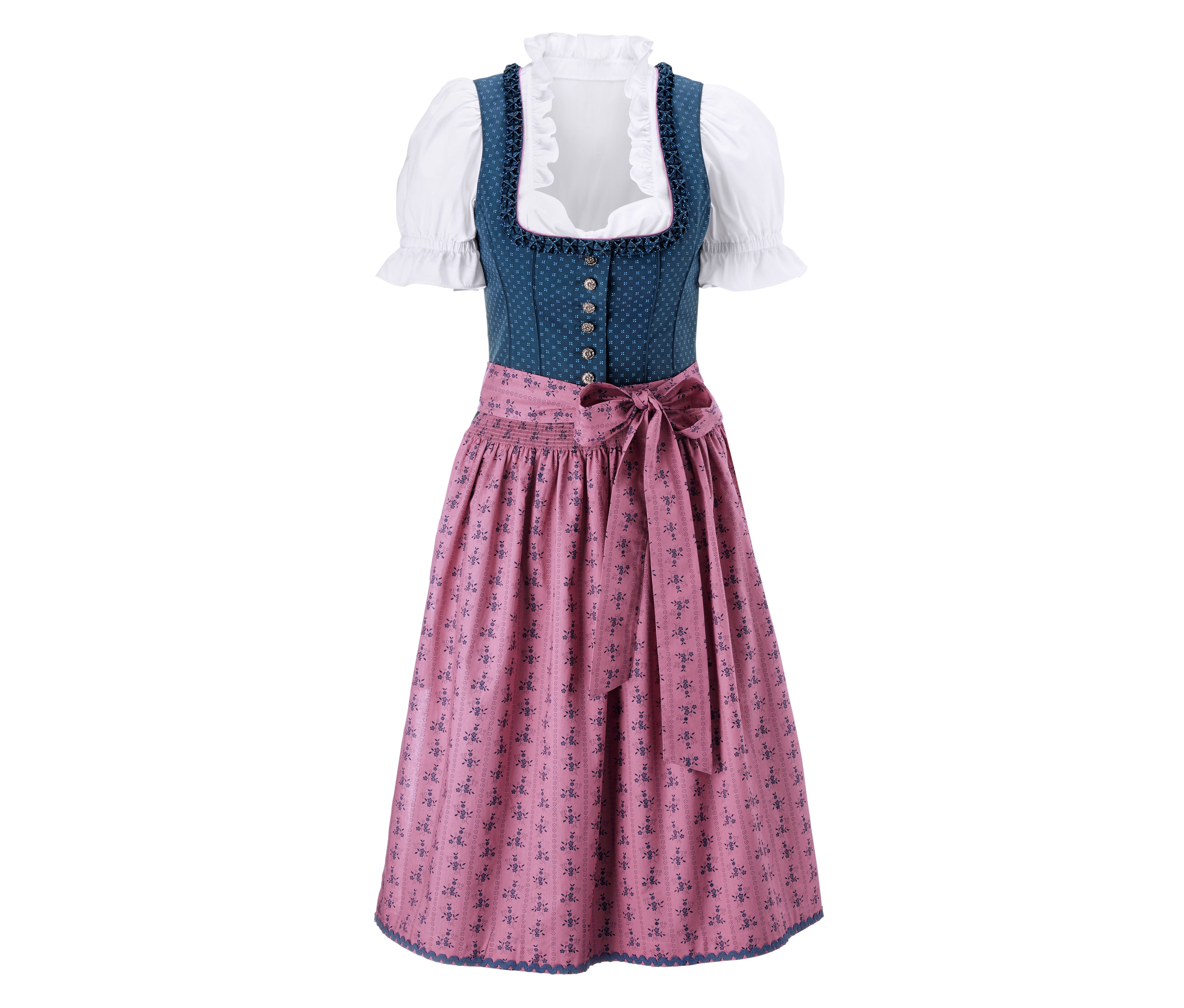 Dirndl s modrým živůtkem, bílou halenkou a růžovou sukní.
