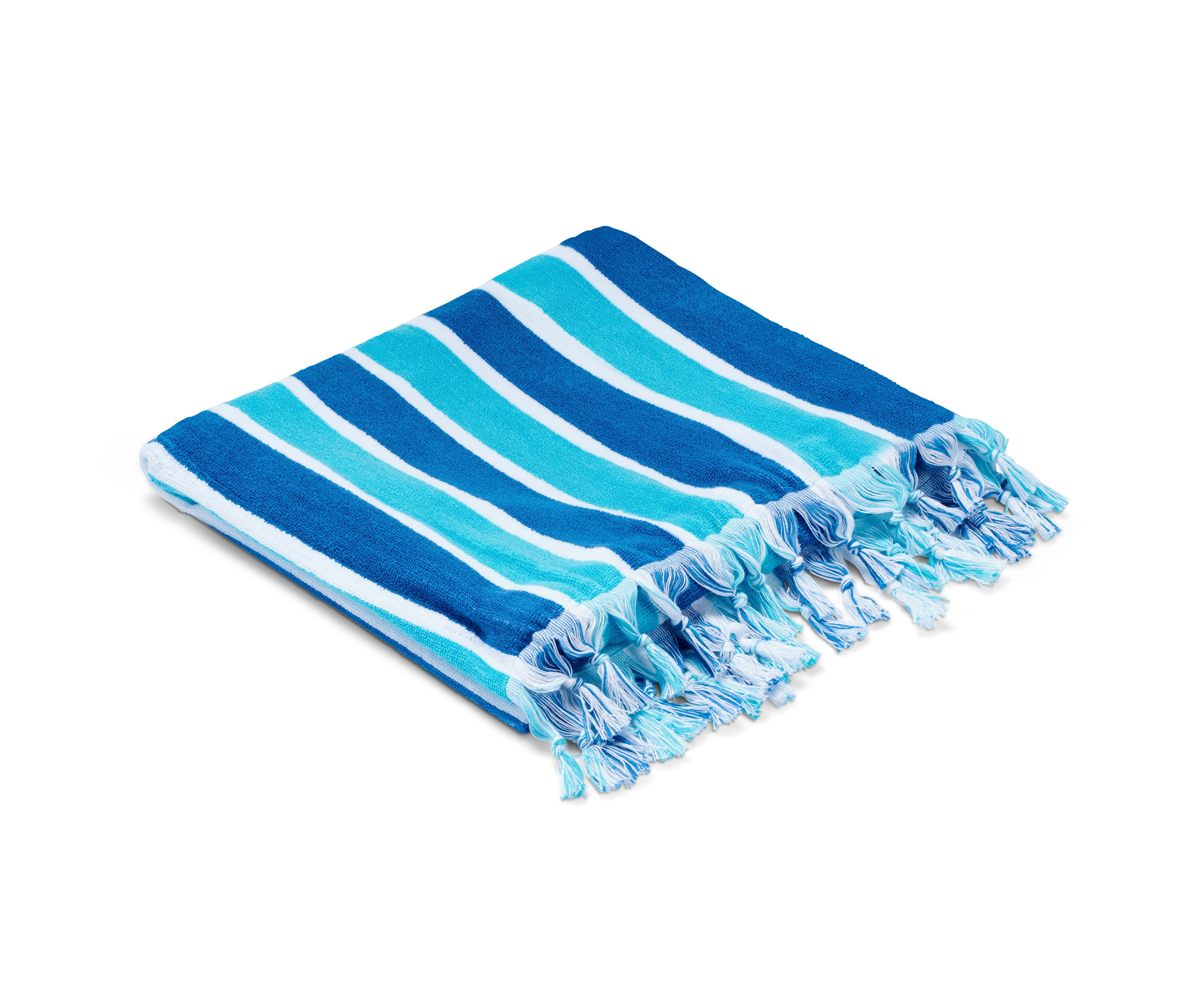 Pruhovaná plážová osuška s třásněmi.