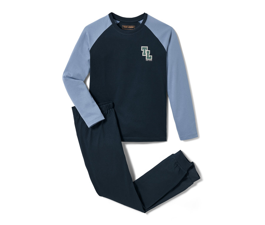 Dětská pyžama, 2 ks, s tmavě modrým tričkem s dlouhým rukávem a světle modrými rukávy a tmavě modré kalhoty.
