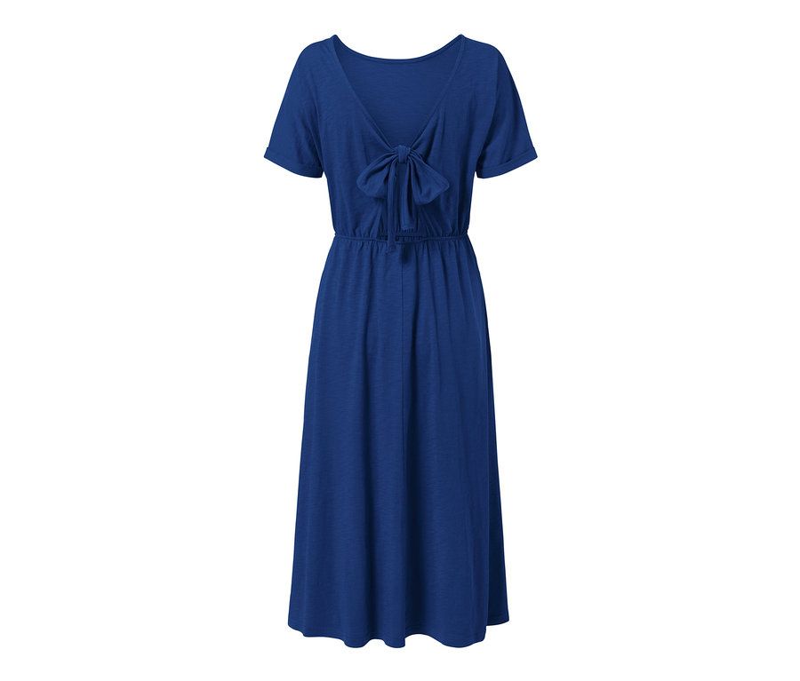 Modré žerzejové šaty s výstřihem na zádech.