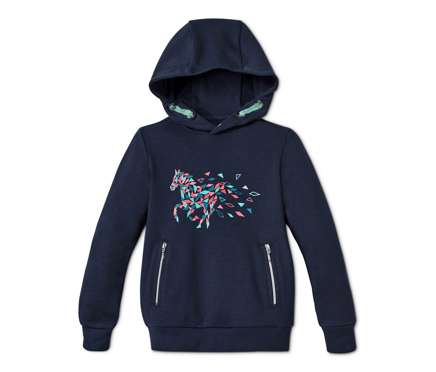 Tmavě modrá mikina s kapucí s geometrickým koněm.