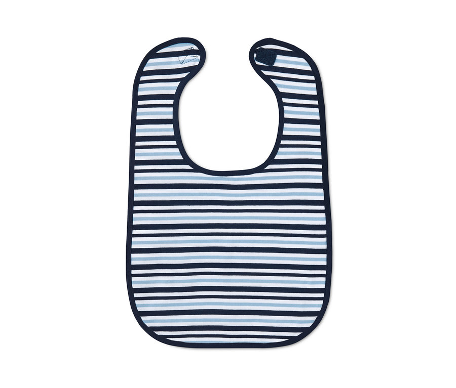 Bryndáček z bavlny s modrými a bílými pruhy.