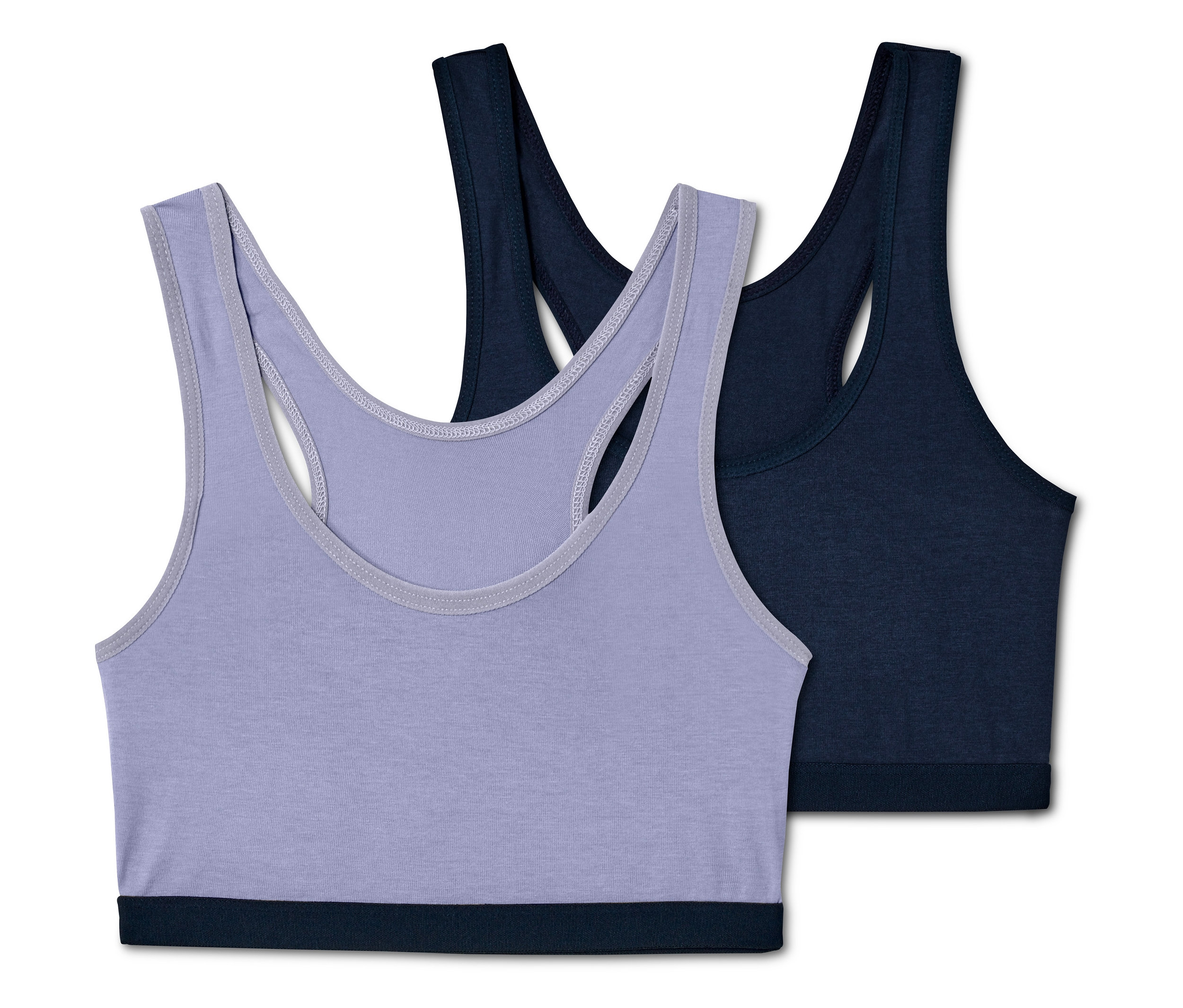 Dívčí podprsenky, 2 ks, světle fialová a tmavě modrá.