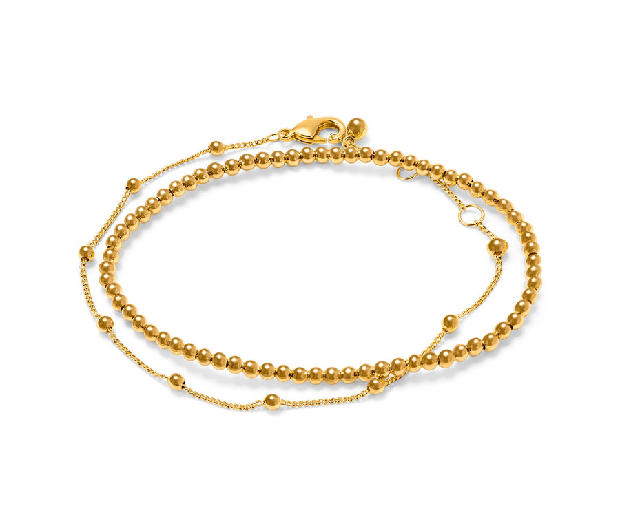 Dva zlaté náramky »Happy« na bílém pozadí.