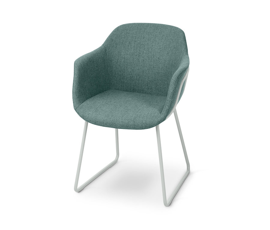 Polstrovaná židle s kovovou konstrukcí na bílém pozadí.