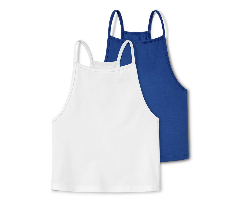 Dva topy z biobavlny: bílý a modrý.