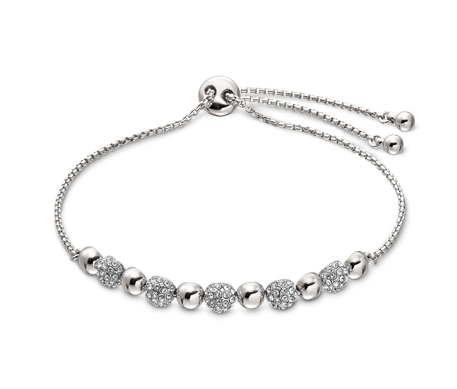 Stříbrný náramek zdobený kamínky Swarovski® na bílém pozadí.