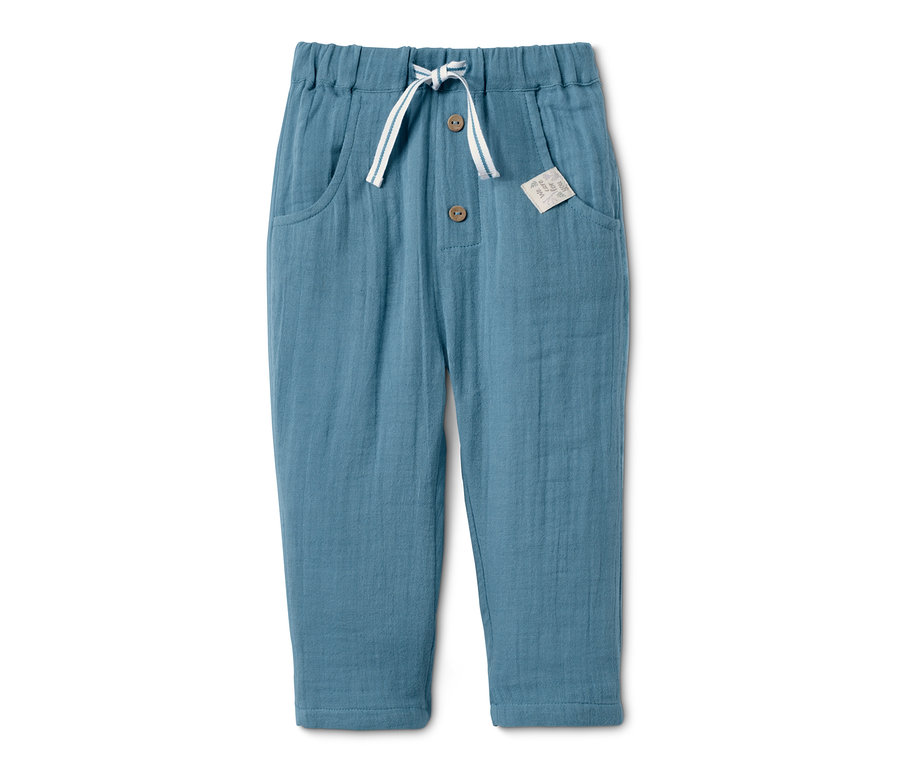 Modré bavlněné navlékací kalhoty s knoflíky a stahovací šňůrkou.