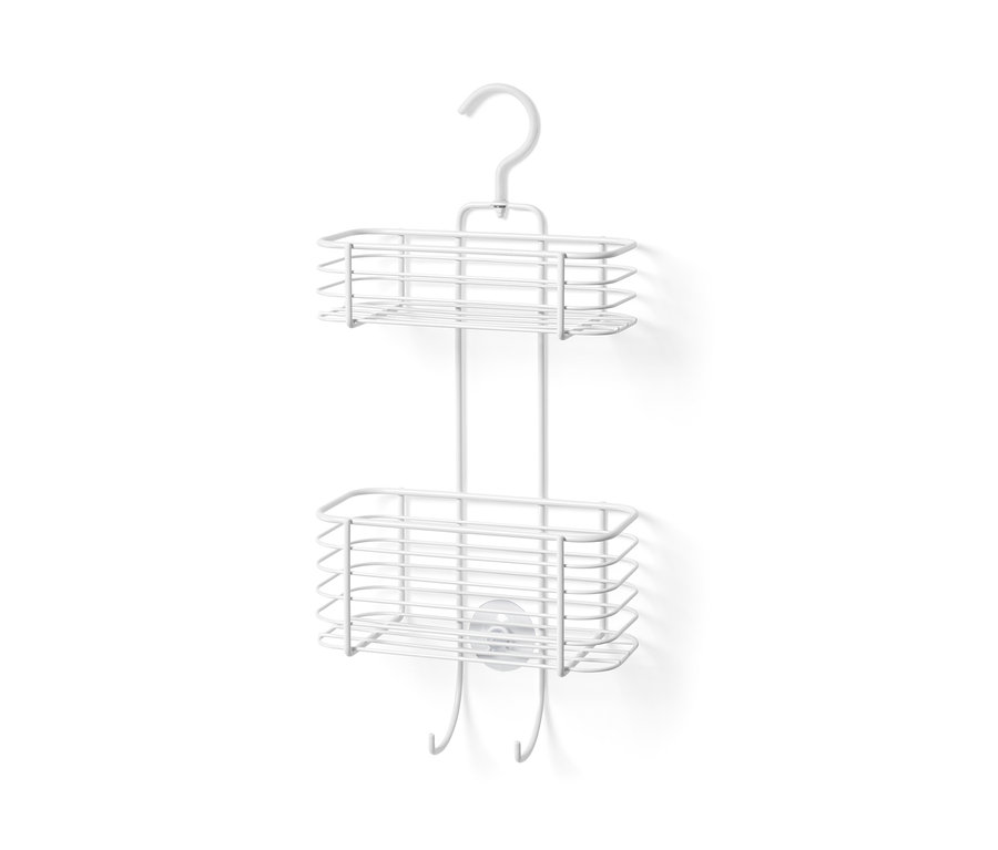 Závěsný sprchový regál s dvěma policemi a háčky.