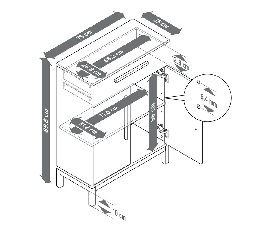 Diagram znázorňuje rozměry koupelnové odkládací skříňky Eklund s jedním šuplíkem a dvířky.