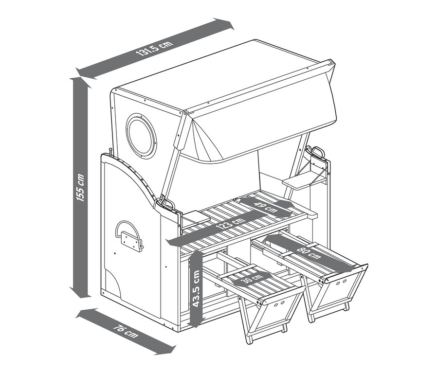 Rozměry plážového koše Premium XL se 2 výklopnými stolky.