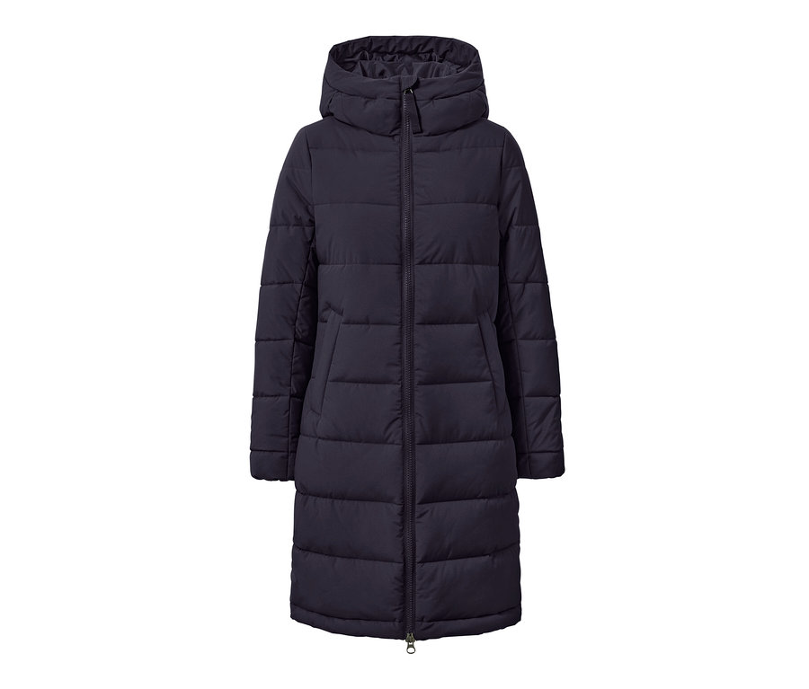 Modrý prošívaný kabát s kapucí na zip.