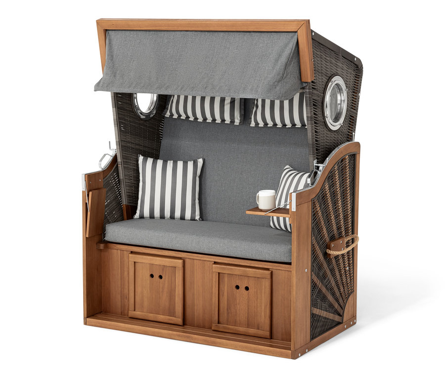 Prémiový plážový koš XL se 2 výklopnými stolky s šedými polštáři a dřevěným rámem.