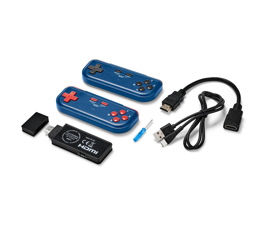 Dva modré retro herní ovladače k TV, HDMI kabel, USB kabel a černá hardwarová konzole.