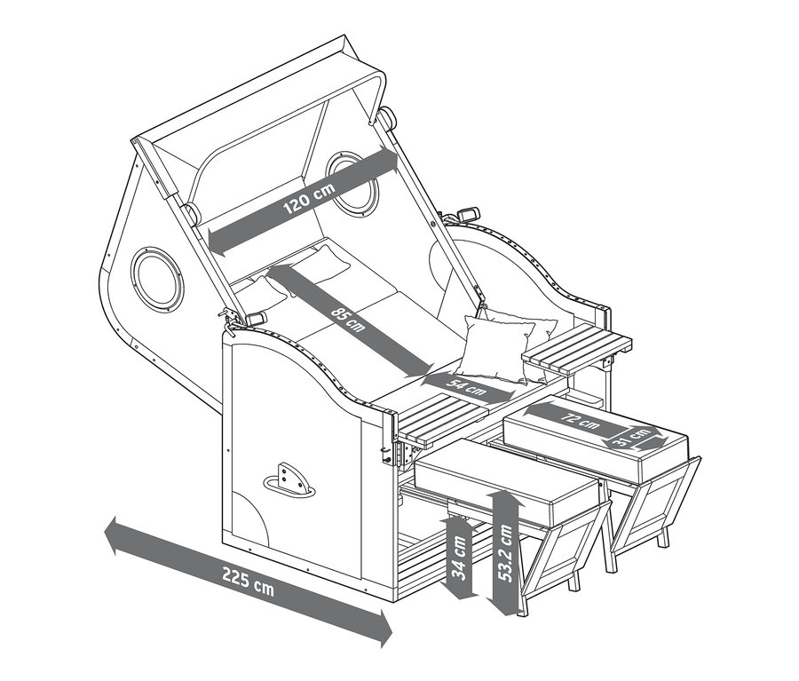 Nákres plážového koše XXL prémiové kvality se 2 výklopnými stolky a rozměry.